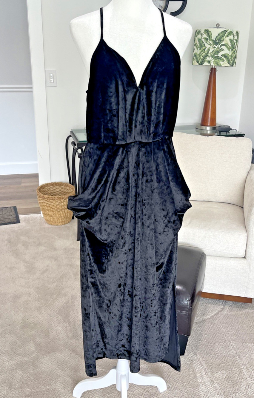 BCBGeneration Black Velvet MIDI Dress Sz M Stretch Plunge Harem Goth Comfort